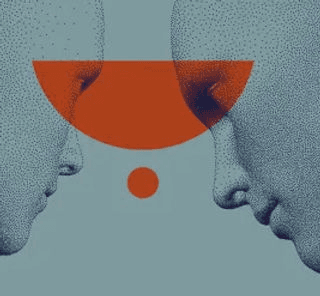 Two stippled faces turned towards one another, a red half-circle between them