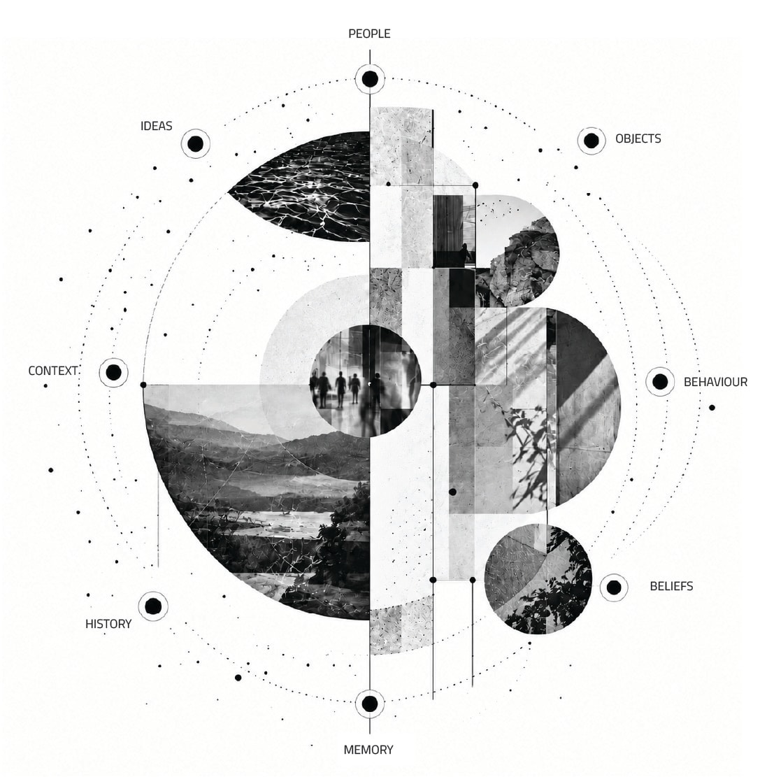 Collage of fragments, landscape, water, people and textures, drawn together within a circle and ringed by the layers of a story: people, objects, behaviour, beliefs, memory, history, context and ideas