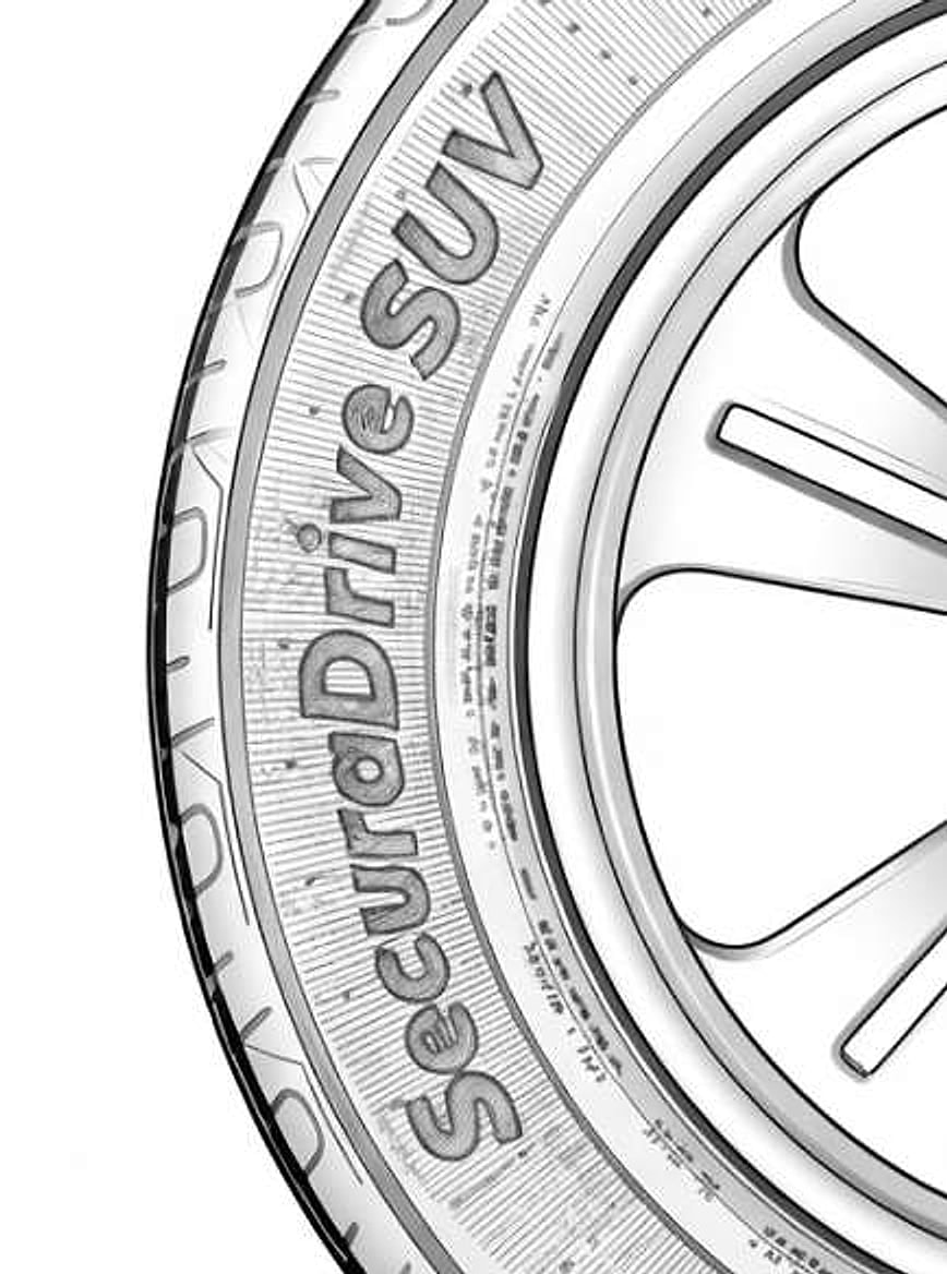 Pencil sketch of a tyre sidewall with SecuraDrive SUV moulded into the rubber