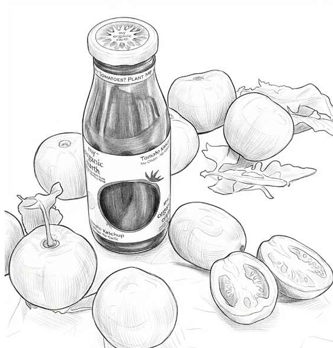Sketch of a My Organic Earth tomato ketchup bottle among tomatoes